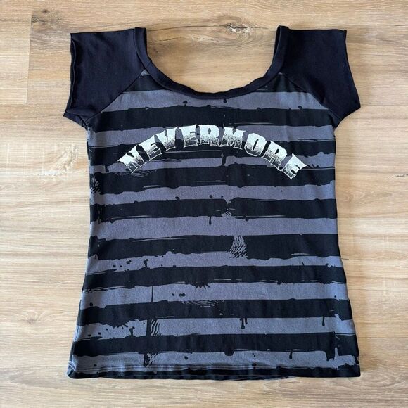 Kreepsville 666 Womens Off Shoulder Nevermore Series Black & Gray Top Goth Sz L - Picture 4 of 4